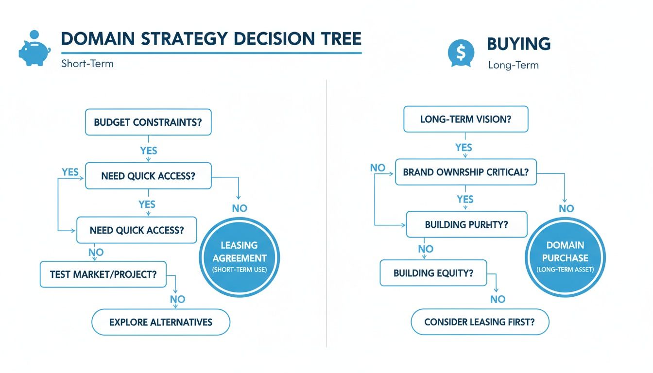 Decision tree diagram comparing short-term domain leasing versus long-term domain buying strategies.