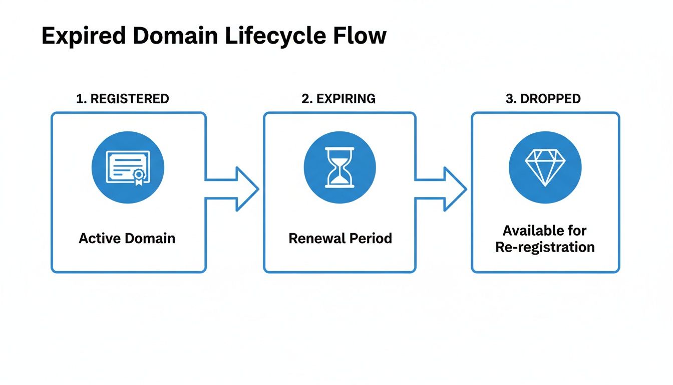 Flowchart illustrates the expired domain lifecycle, from active to renewal period, then available for re-registration.