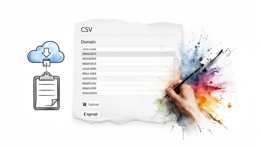 Hand holding a paintbrush with colorful watercolor splashes next to a digital CSV domain management interface and cloud icons.