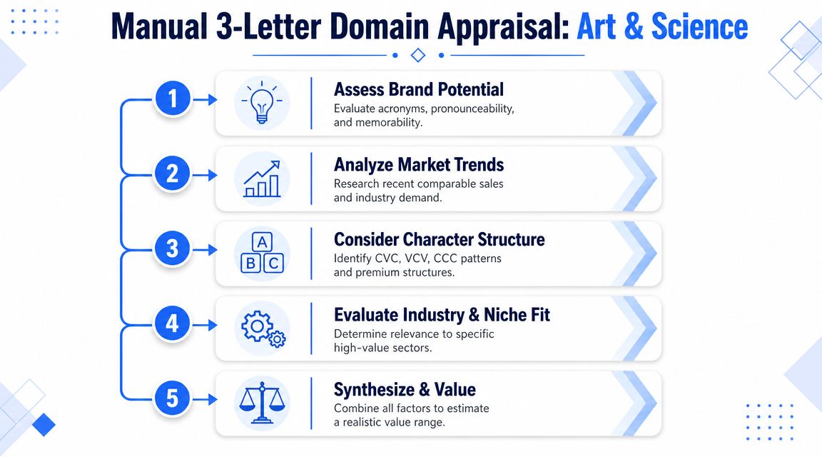 A structured infographic illustrating the five-step manual process for evaluating and appraising three-letter domain names.