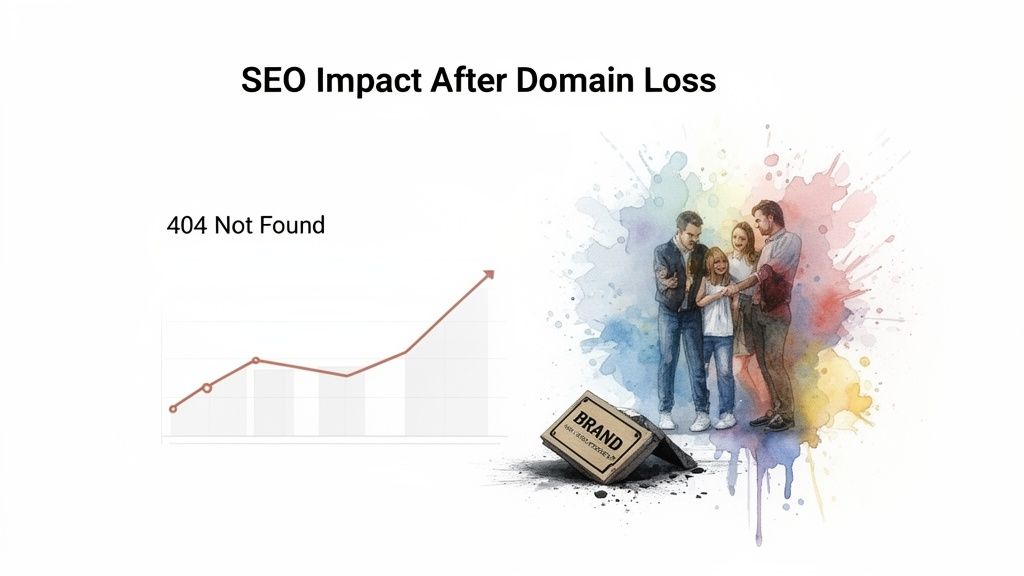 Illustration of SEO impact after domain loss, showing a 404 error, trend graph, and broken brand sign.