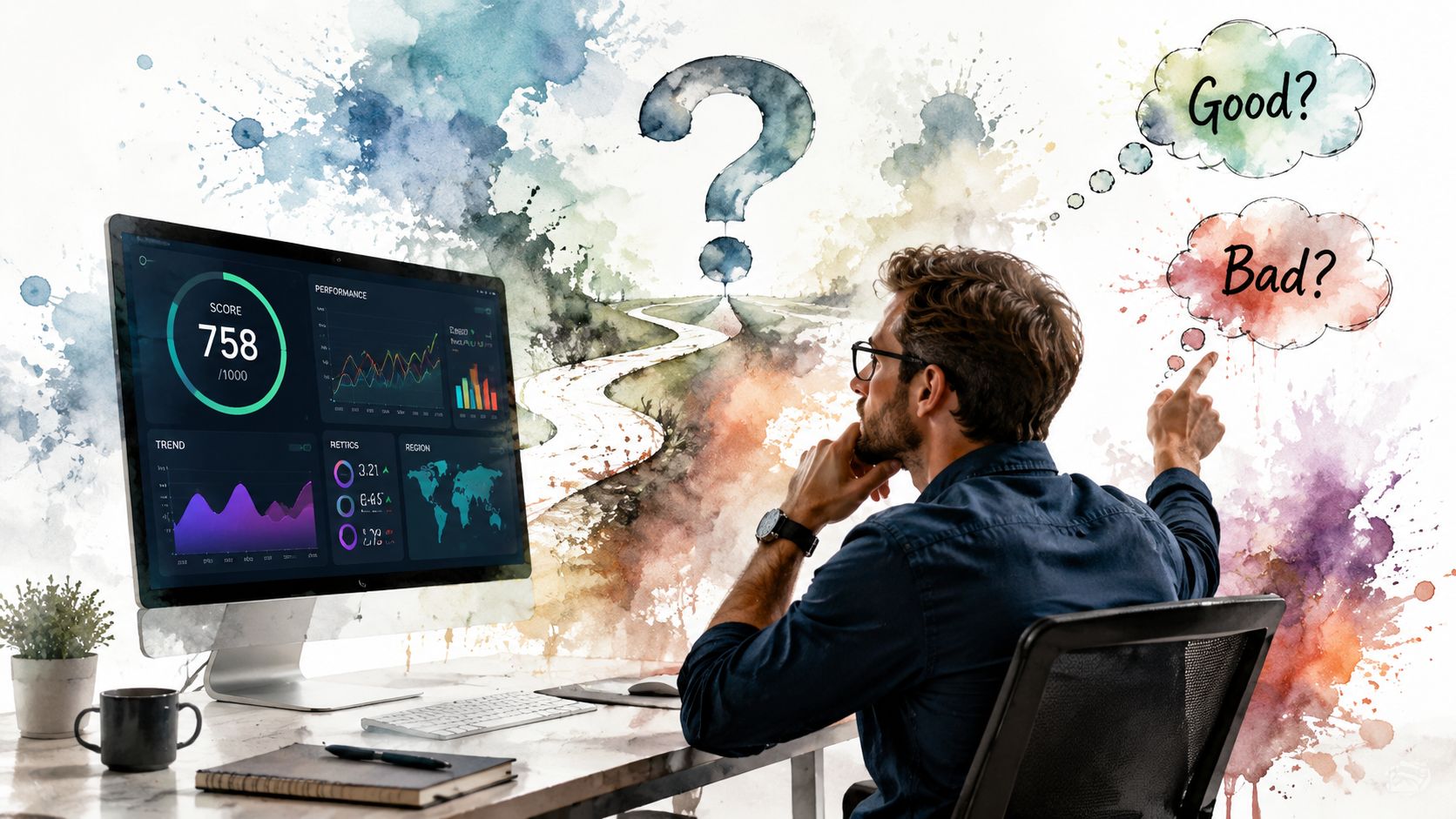 A professional man sits at a desk analyzing data on a computer screen while pondering future outcomes.