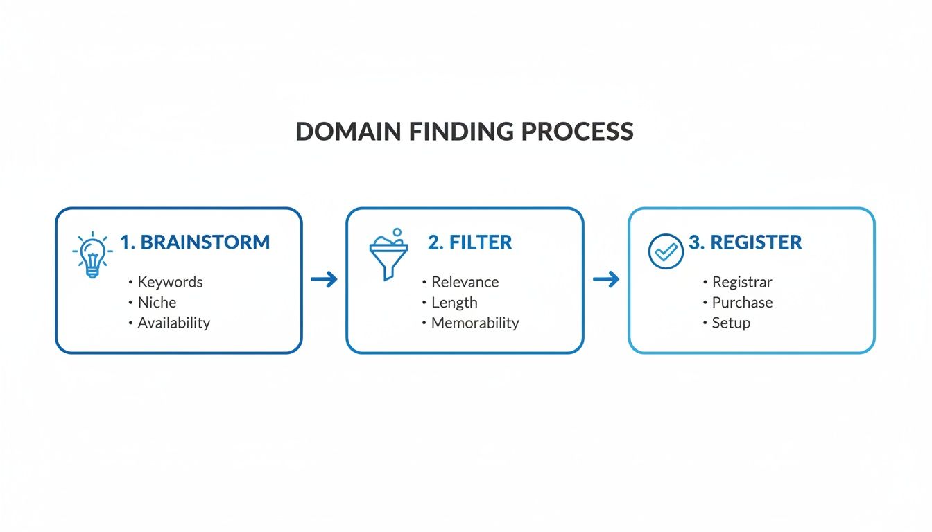 A three-step process for finding and registering a domain name, including brainstorming, filtering, and registration.