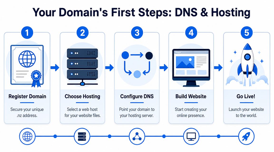 A five-step infographic illustrating the process of domain registration, choosing hosting, DNS configuration, and building a website.