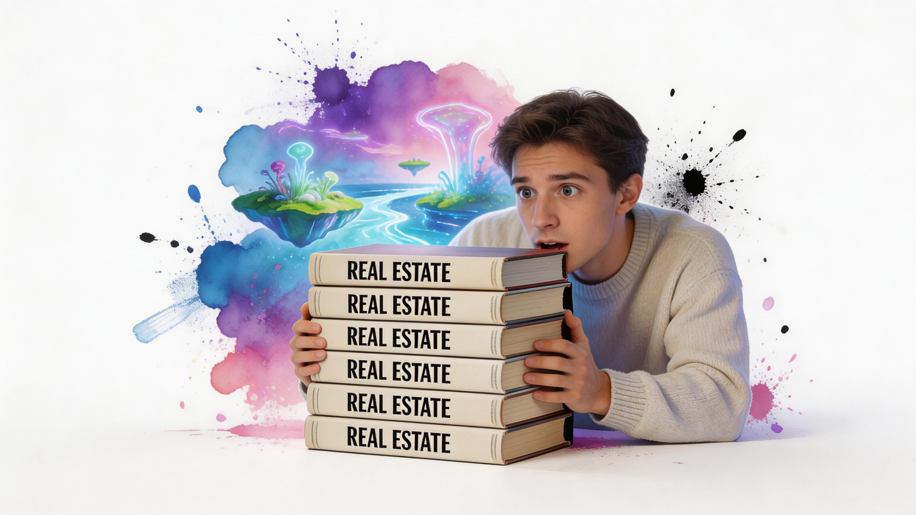 A young man looking shocked while holding a tall stack of books labeled Real Estate.