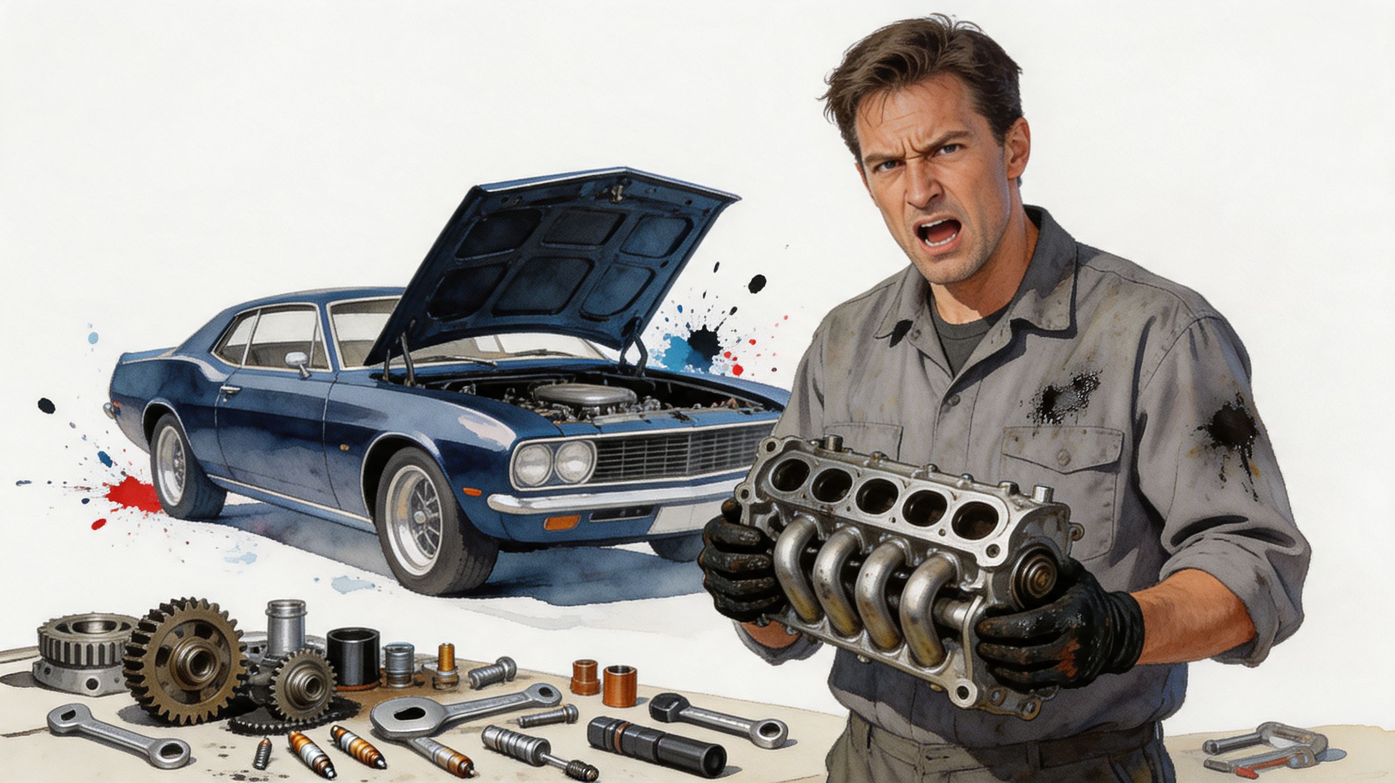 A frustrated mechanic holding a car engine part in front of a classic blue car and tools.