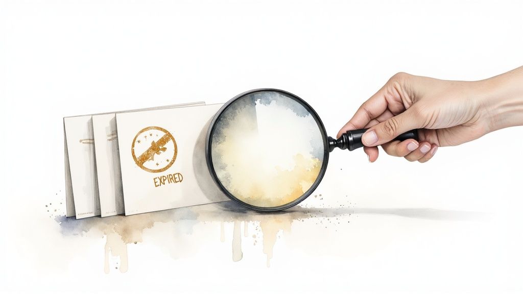 A hand holds a magnifying glass over documents, one clearly marked with an 'EXPIRED' stamp, in a watercolor style.