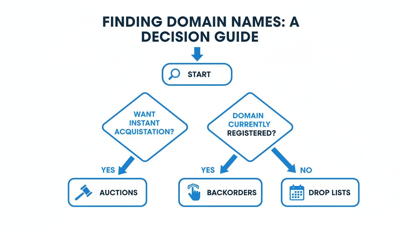 A flowchart guiding users on finding and acquiring domain names through auctions, backorders, or drop lists.