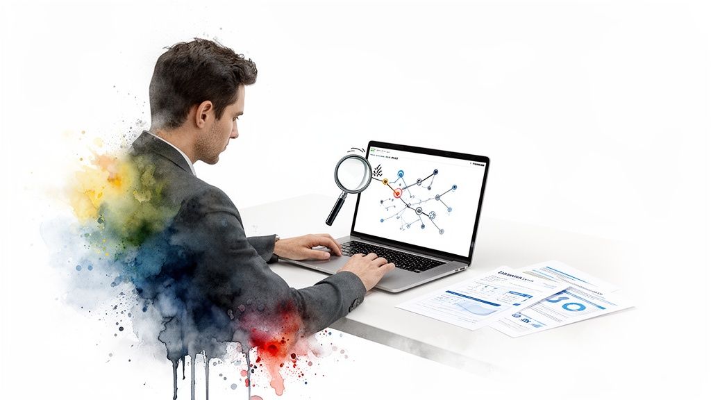 A man analyzes a complex network diagram on a laptop, enhanced by creative watercolor effects.