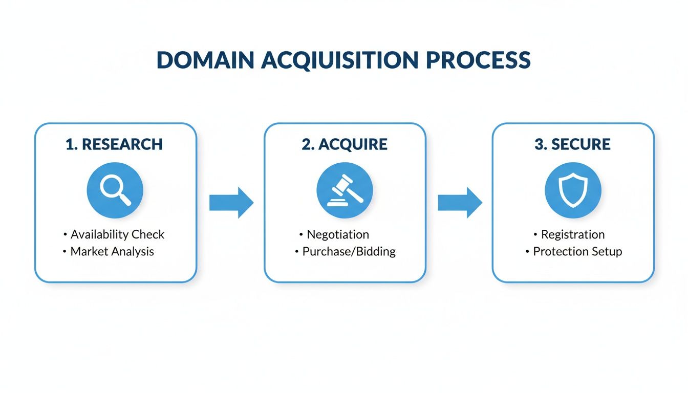 Infographic illustrating the 3-step domain acquisition process: Research, Acquire, and Secure, with key actions for each stage.