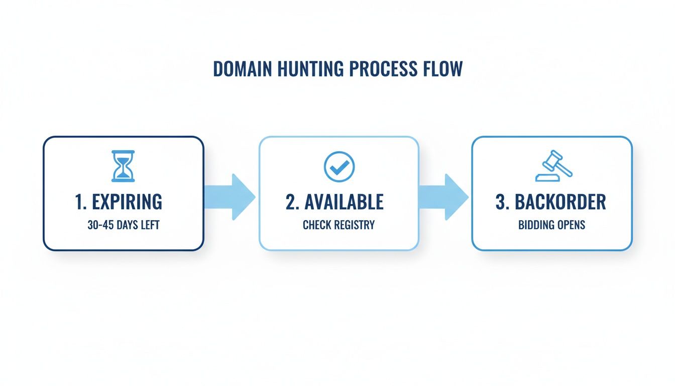 Process flow illustrating three steps of domain hunting: expiring, available, and backorder stages.