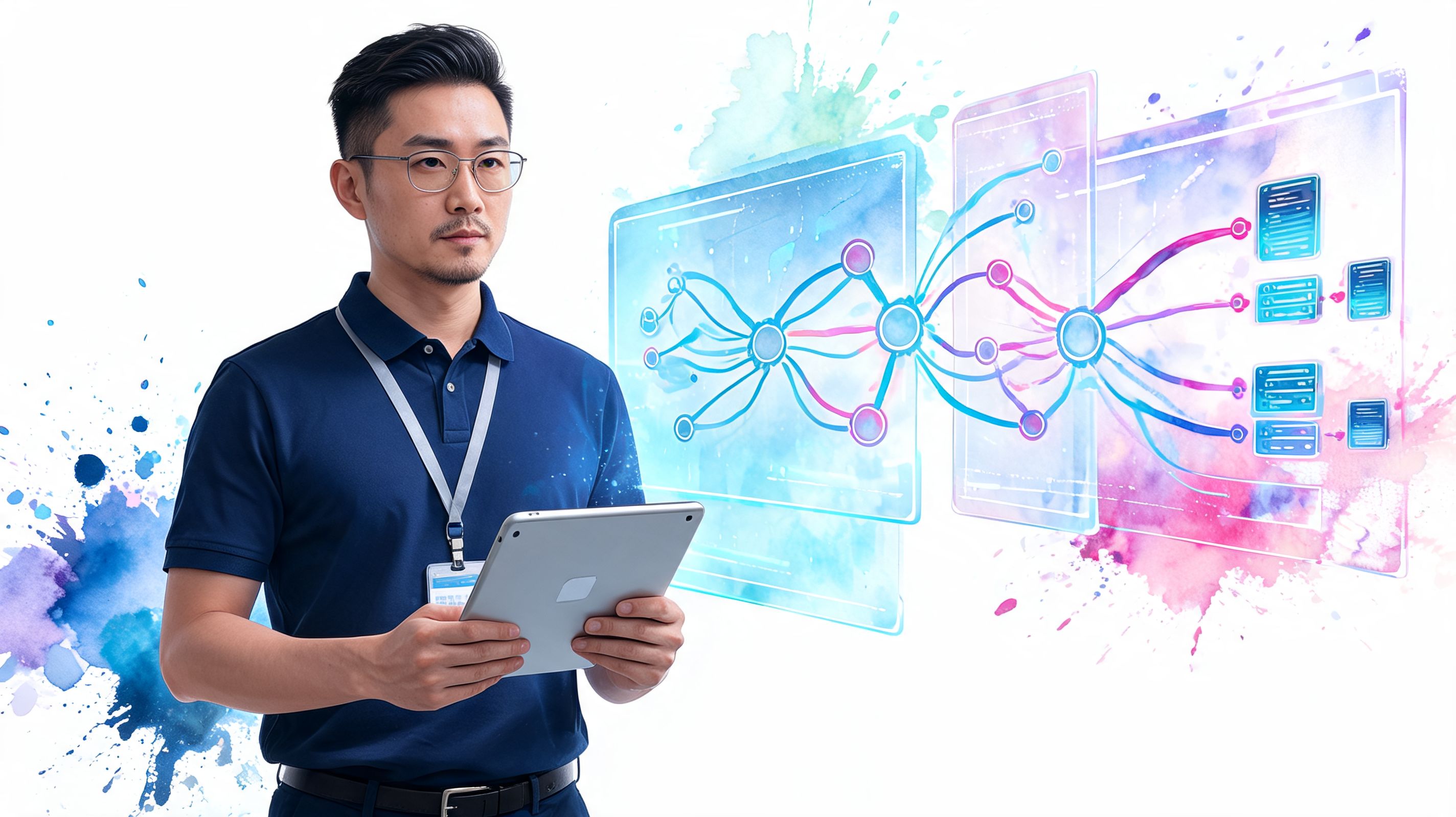 A professional man holding a tablet while looking at a futuristic digital network visualization graphic.