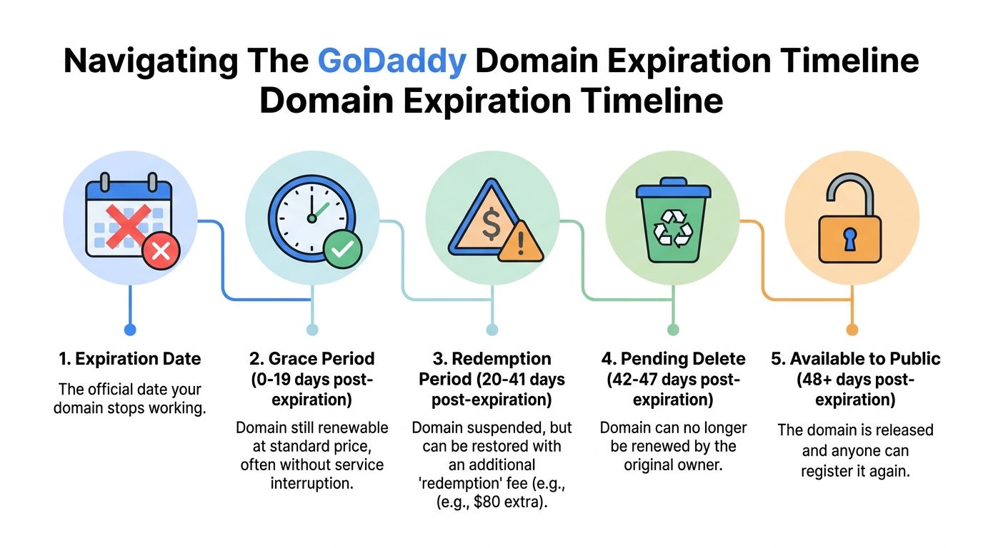 An infographic showing the five stages of the GoDaddy domain expiration process from expiry to public release.
