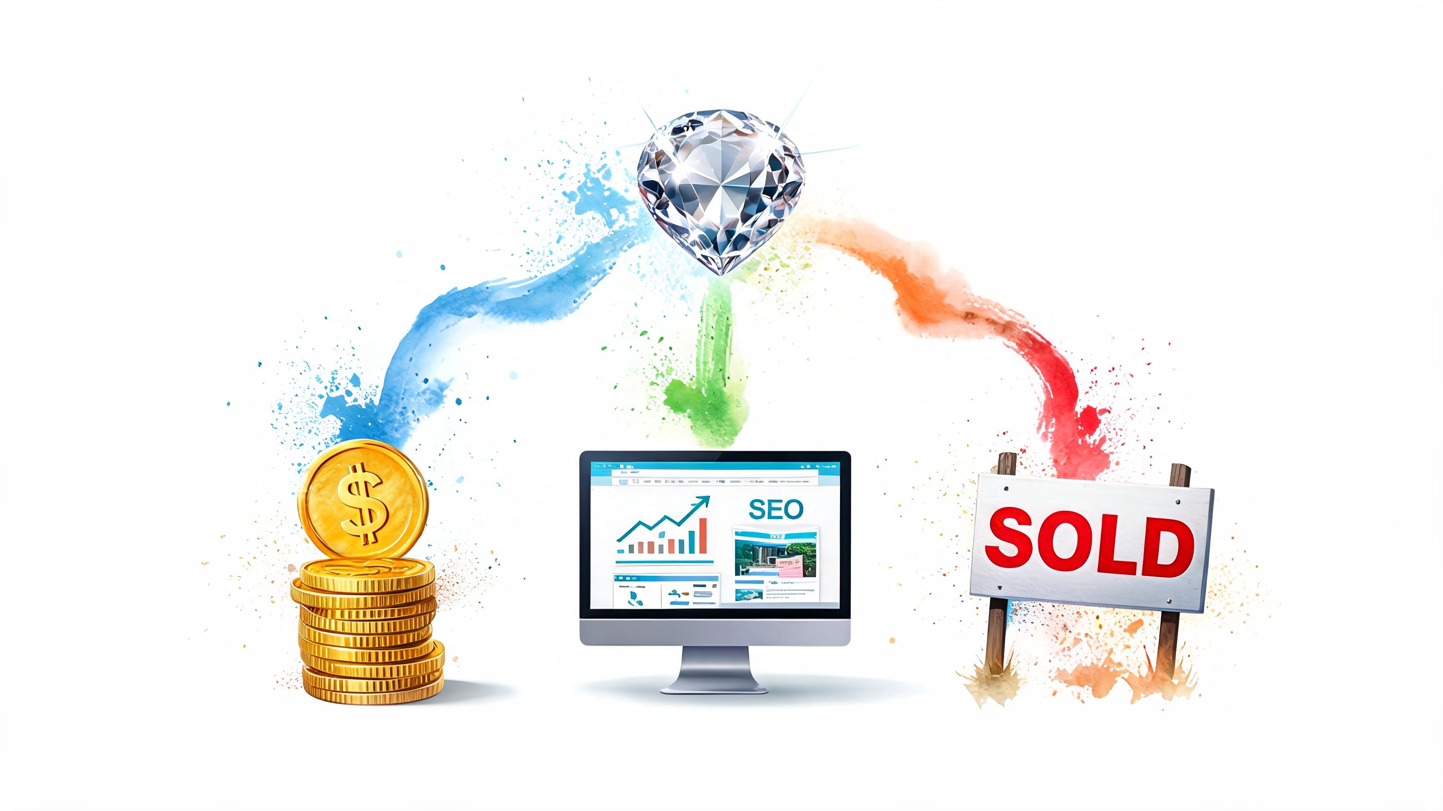 A sparkling diamond connecting to a stack of coins, a computer monitor, and a sold sign.