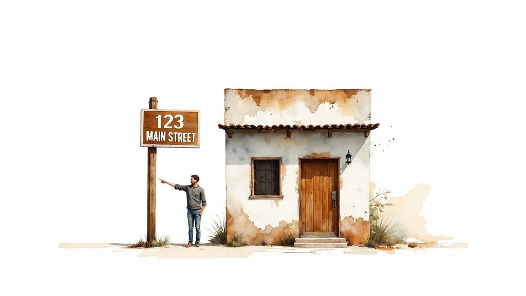 A man points to a '123 Main Street' sign next to a small, rustic house.