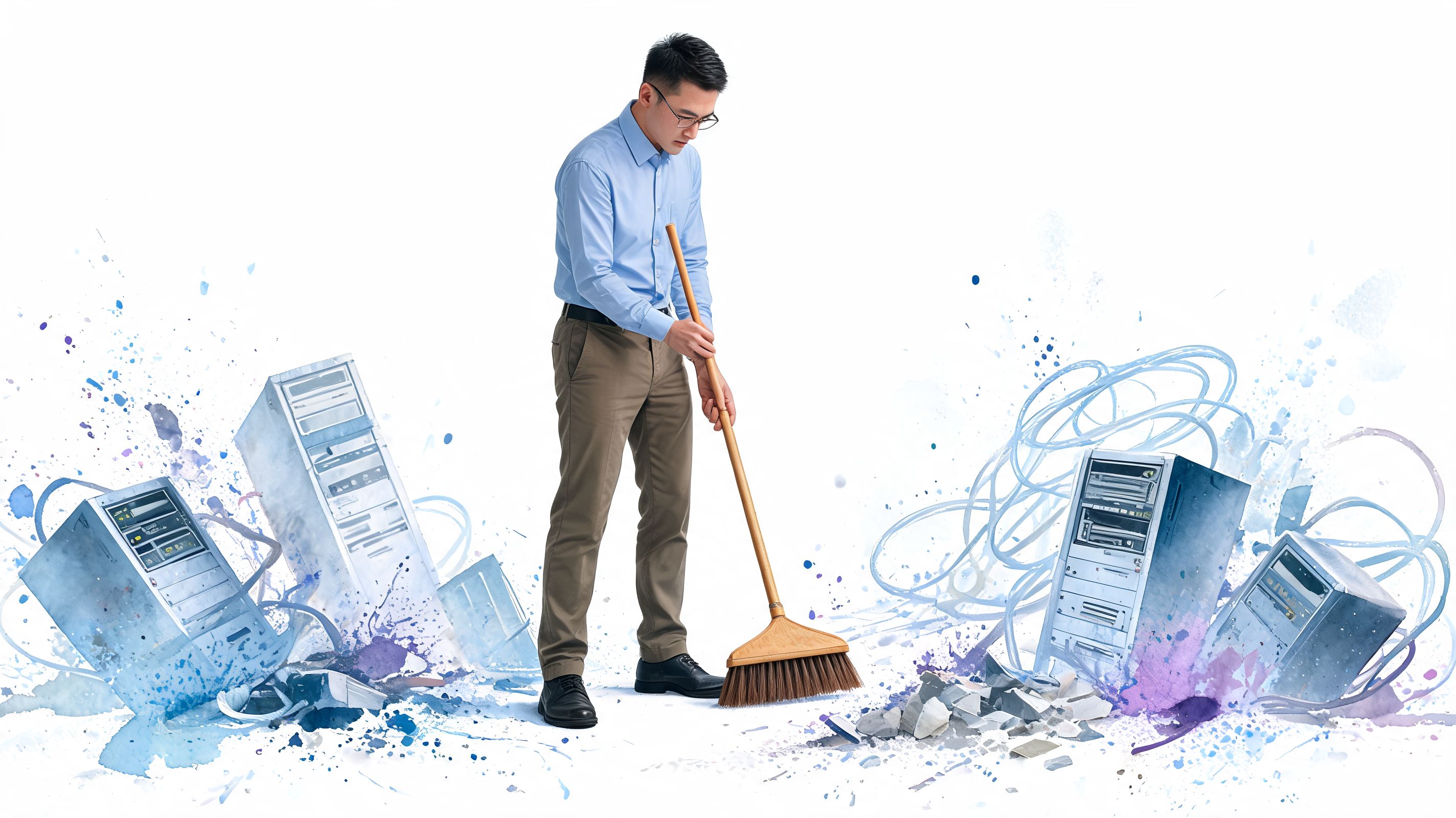 A professional man sweeping broken computer components to symbolize cleaning up legacy IT infrastructure.