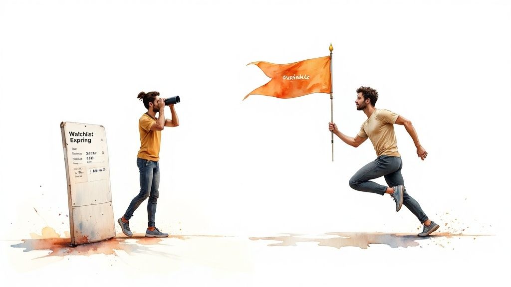 Two men on a white background: one observes a 'Watchlist Expiring' sign, the other runs with an 'expirable' flag.