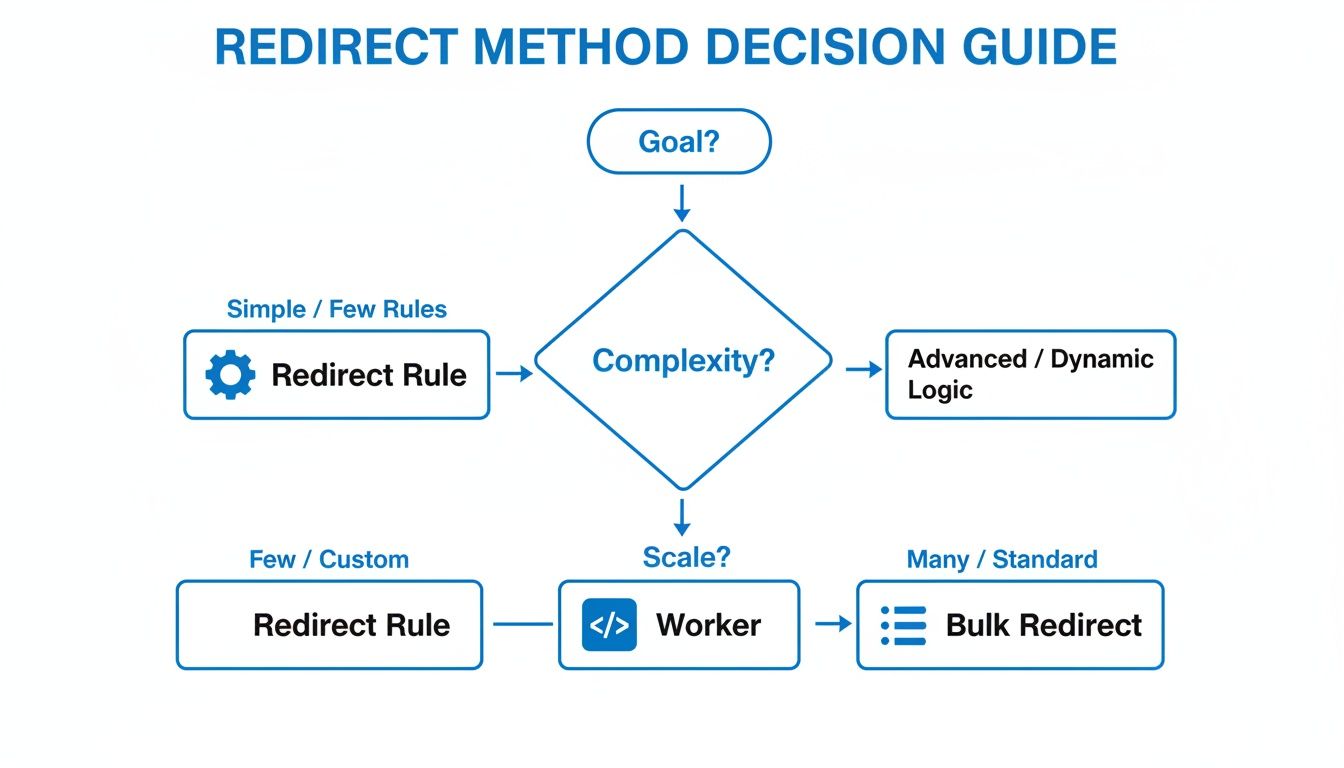 A flowchart guiding the decision process for choosing a URL redirect method based on complexity and scale.