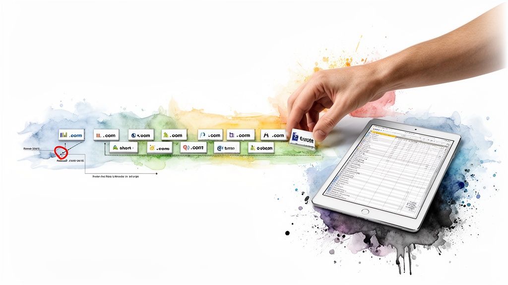 Hand placing a ".com" domain tile onto a colorful watercolor timeline with a tablet showing data.
