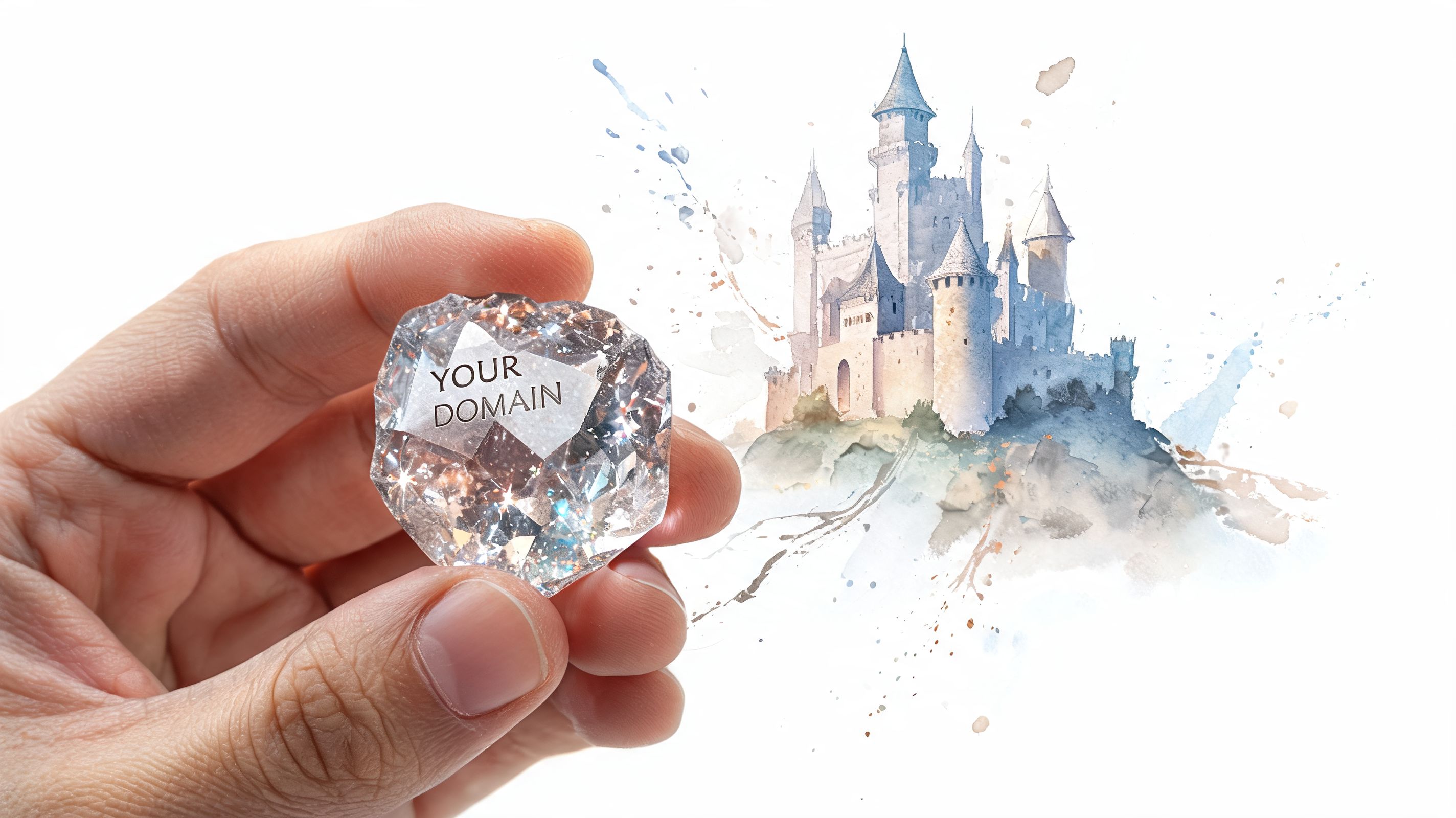 A hand holding a sparkling diamond with the text Your Domain next to a watercolor illustration of a castle.