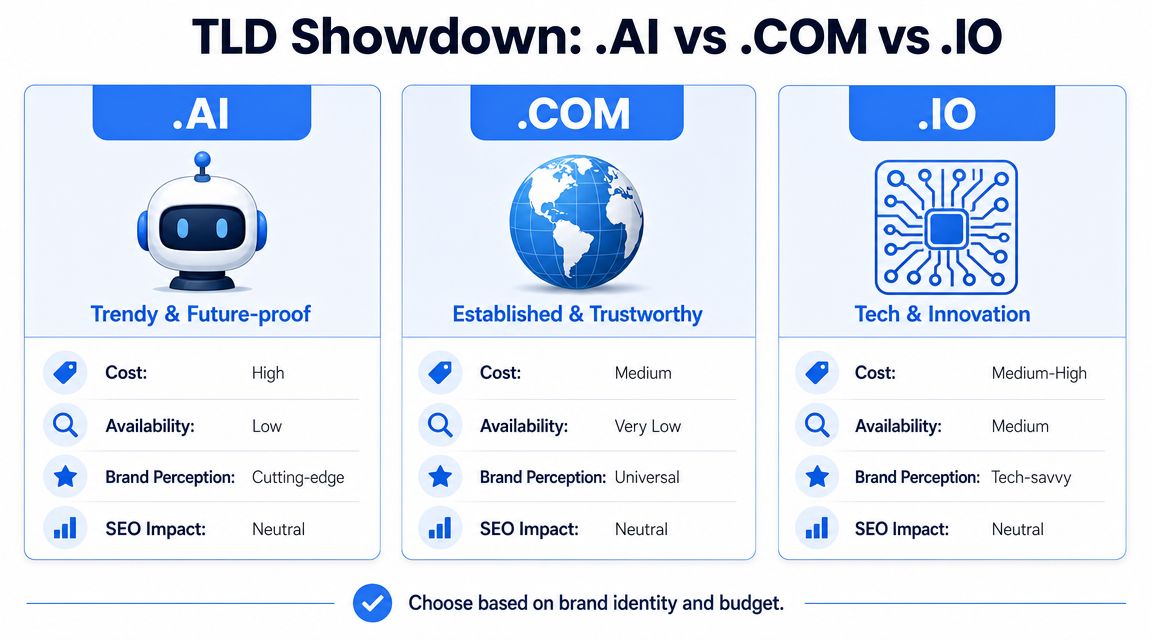 A comparison chart showing the differences between .AI, .COM, and .IO domain extensions in terms of cost.