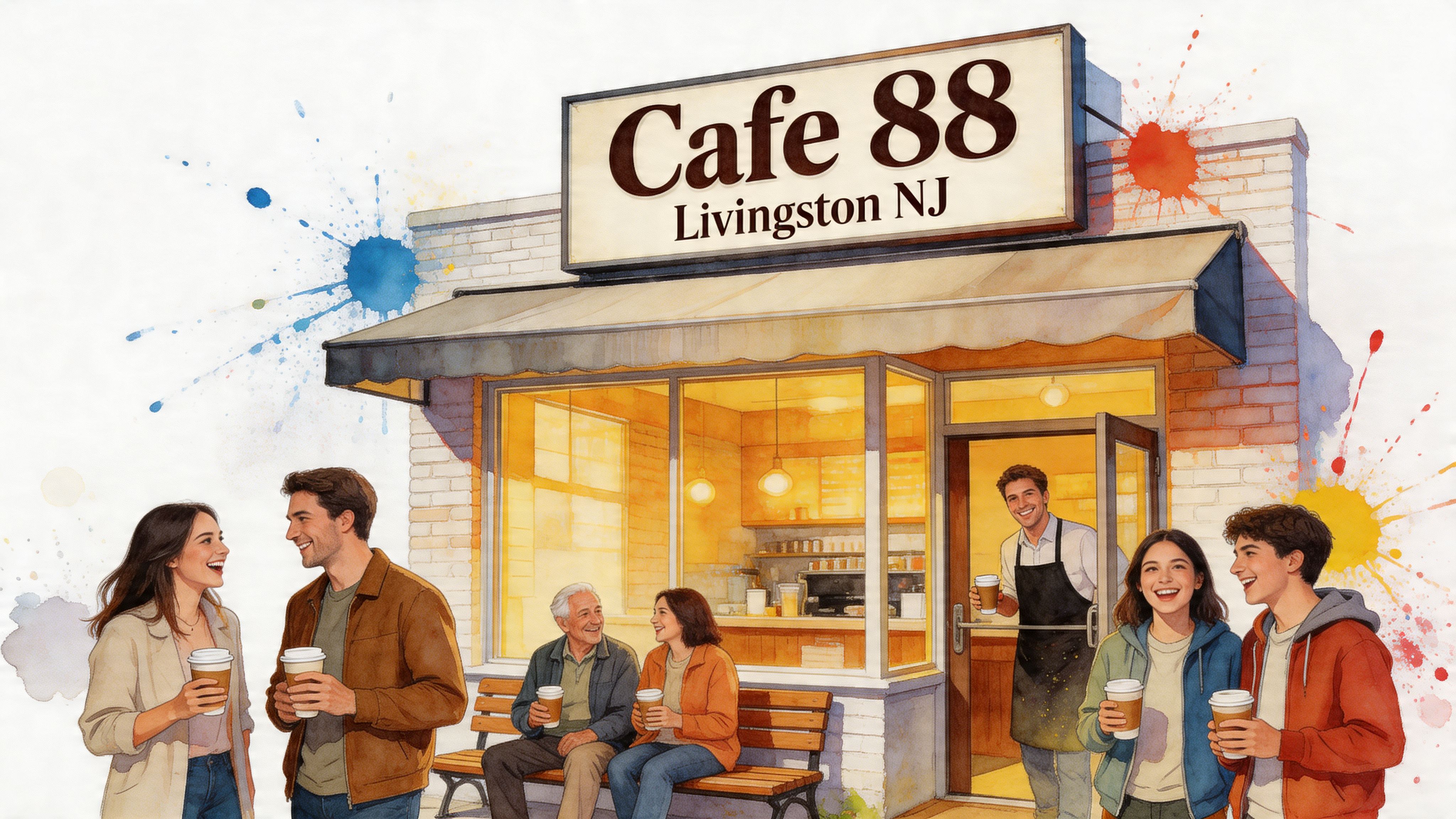 A group of diverse people holding coffee cups smiling in front of a welcoming Cafe 88 shop.