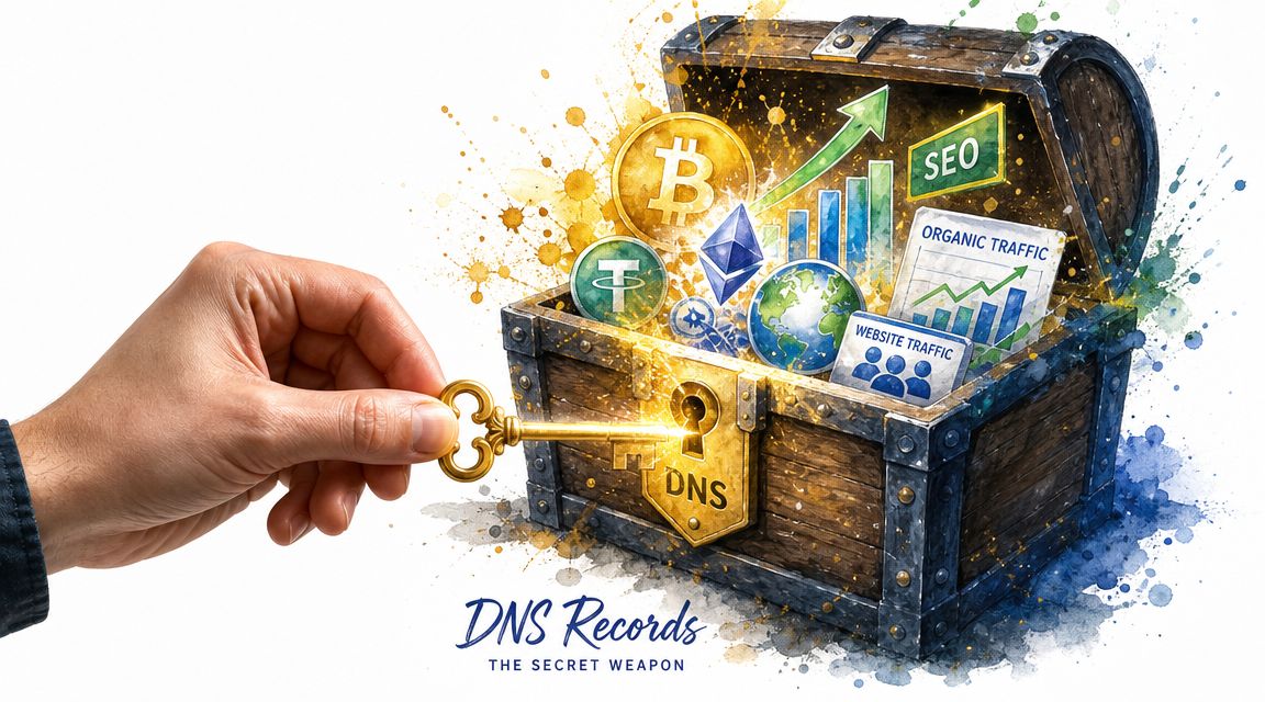 A hand unlocking a treasure chest filled with DNS-related symbols and SEO marketing icons, representing secret digital growth.