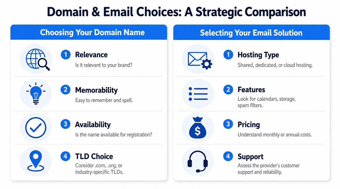 A strategic comparison chart detailing key factors for choosing a domain name and selecting an email solution.