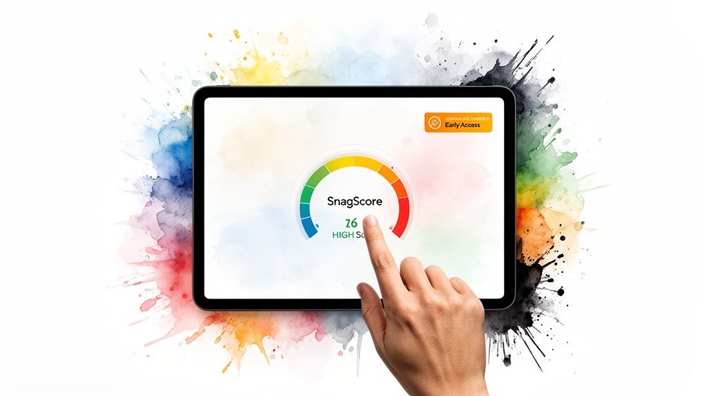 A hand interacts with a tablet displaying a 'SnagScore' of 76 (High Score) on a colorful background.