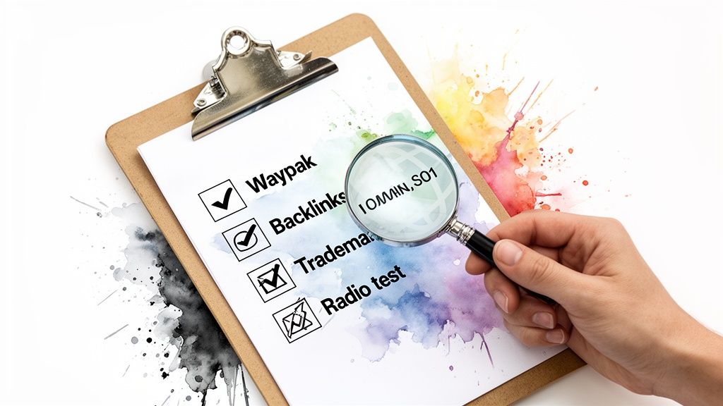 A hand holds a magnifying glass over a business checklist on a clipboard, showing checked and crossed items.