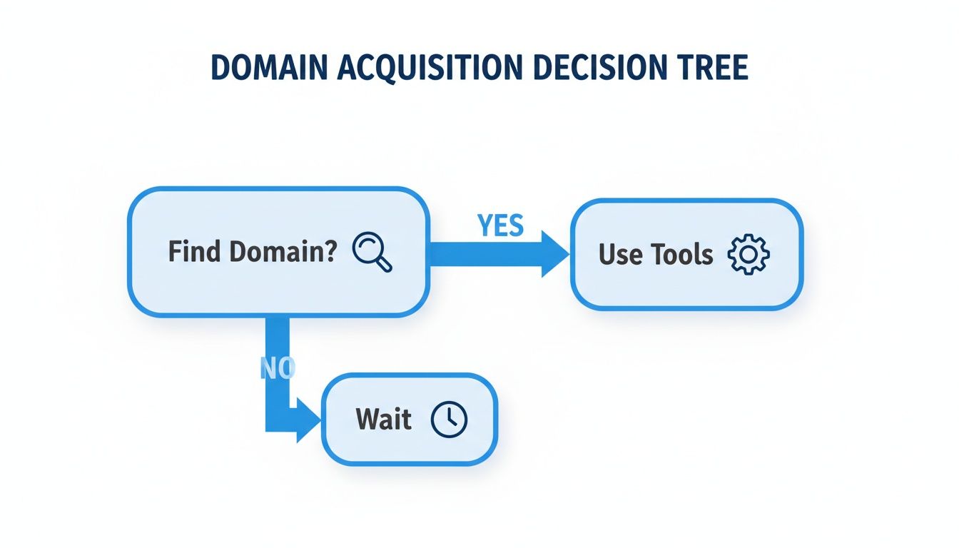 A domain acquisition decision tree flowchart. If you find a domain, use tools. If not, wait.