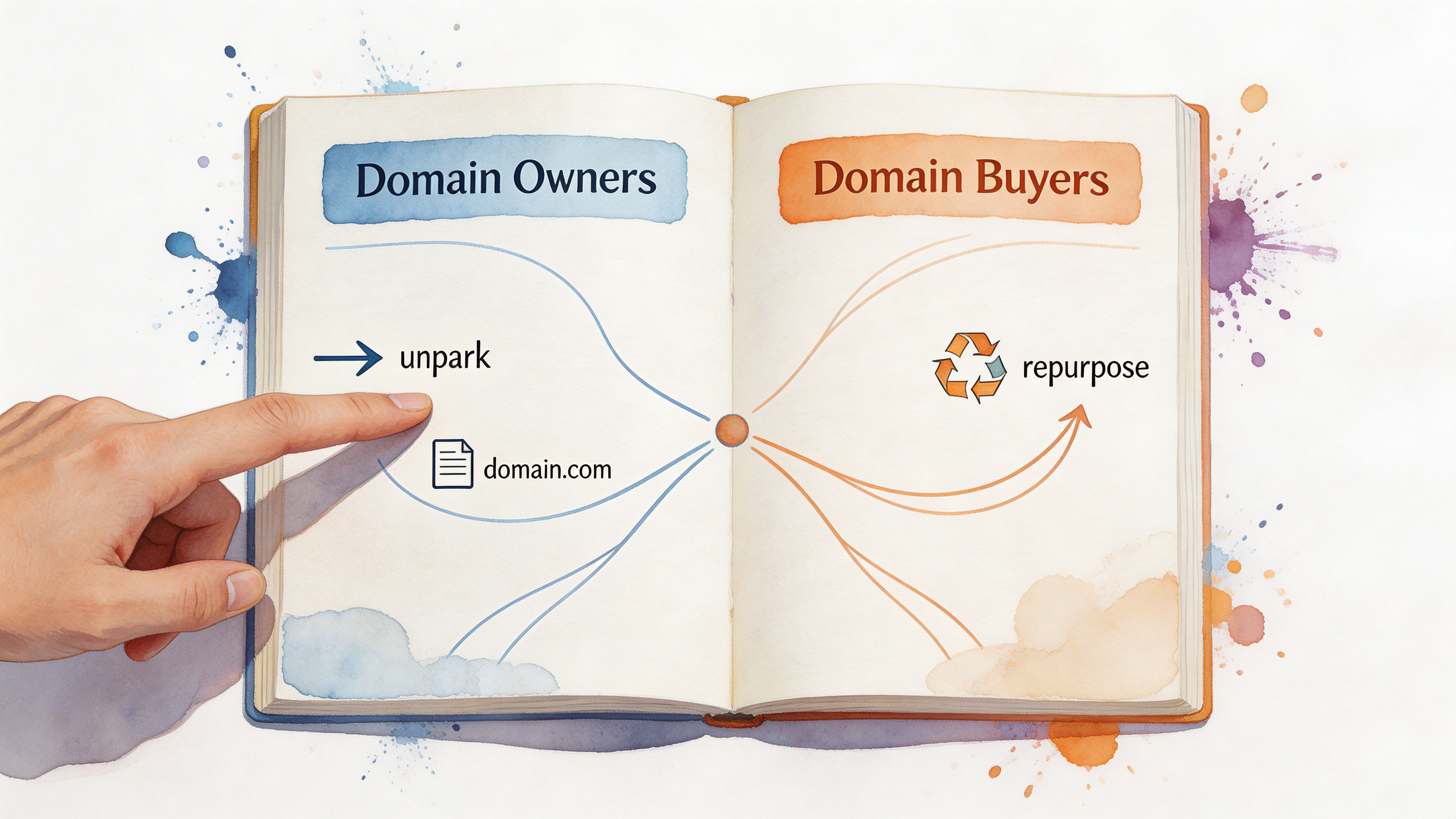 An open book with hands pointing to the domain owner side versus domain buyer side infographic illustration.