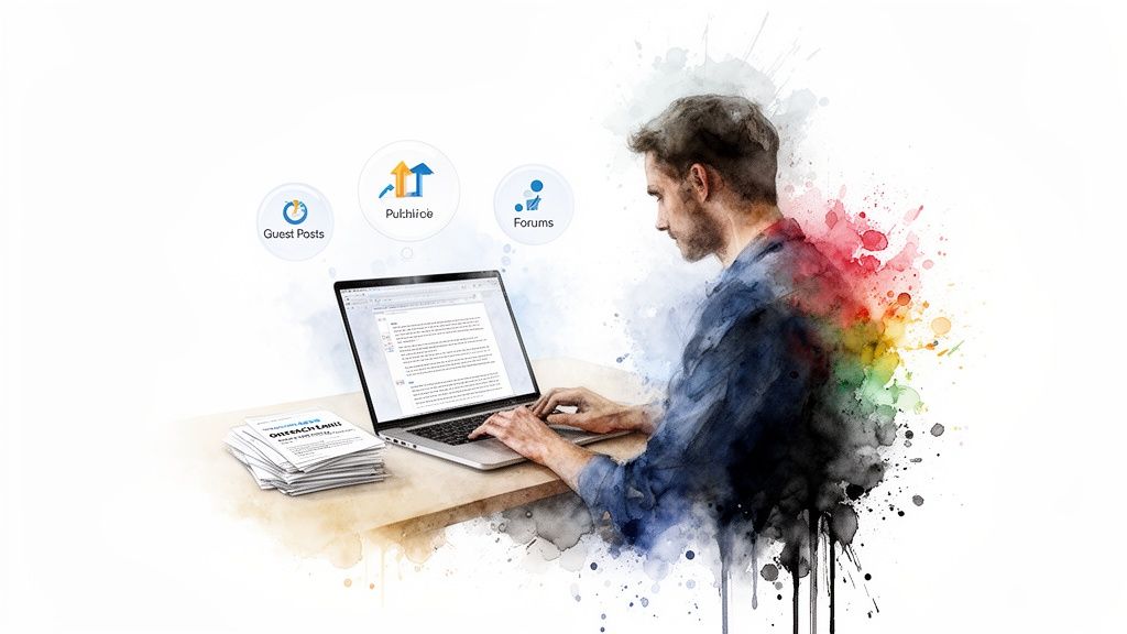 Watercolor illustration of a man typing on a laptop with digital marketing icons overhead.