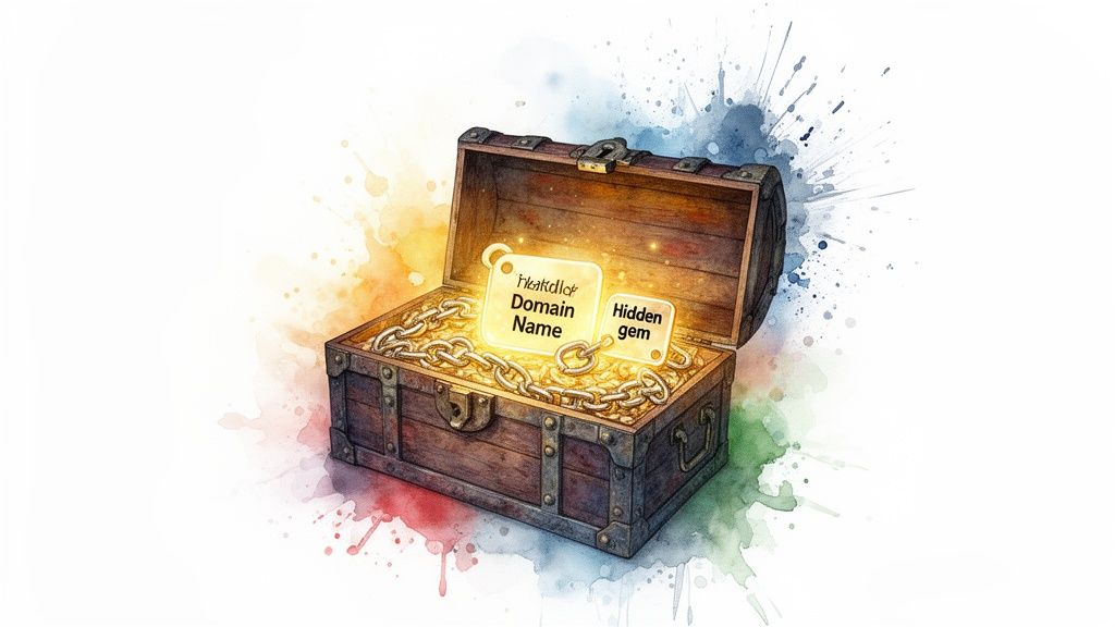 Watercolor painting of an open treasure chest filled with glowing gold chains and 'Domain Name', 'Hidden gem' tags.