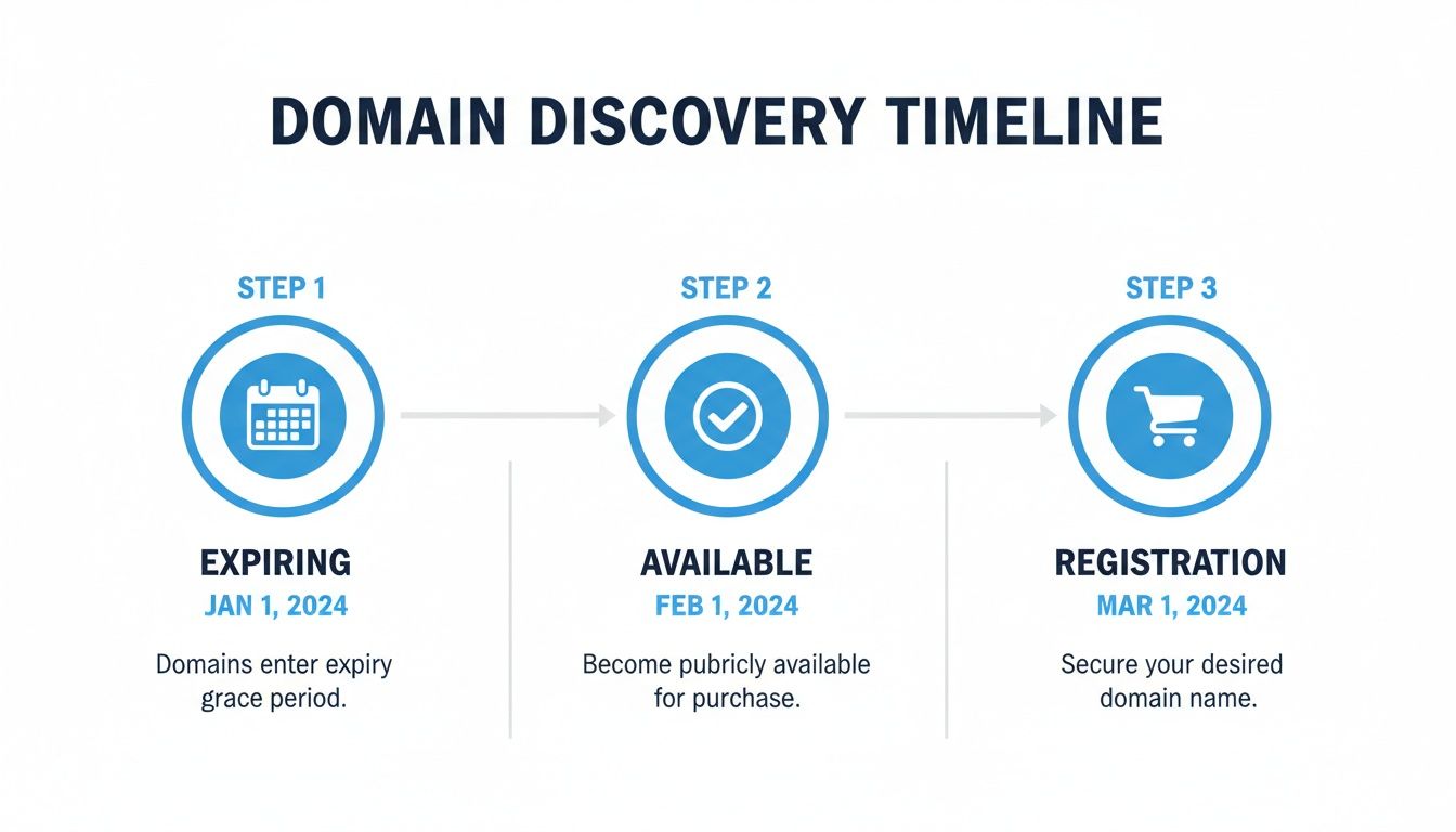 A domain discovery timeline illustrating three steps: expiring, available for purchase, and registration dates.