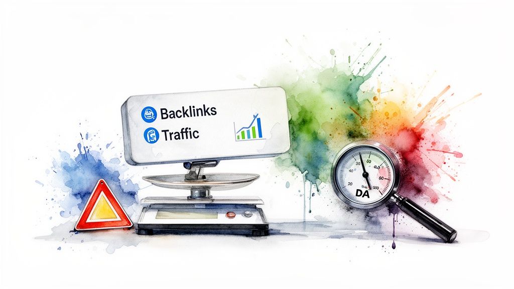 Visualizing SEO metrics: backlinks, traffic, growth, and domain authority with a warning sign.