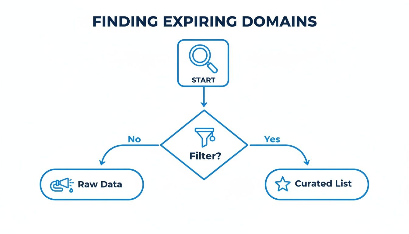 Flowchart illustrating the process of finding expiring domains, starting with a filter decision leading to raw data or a curated list.