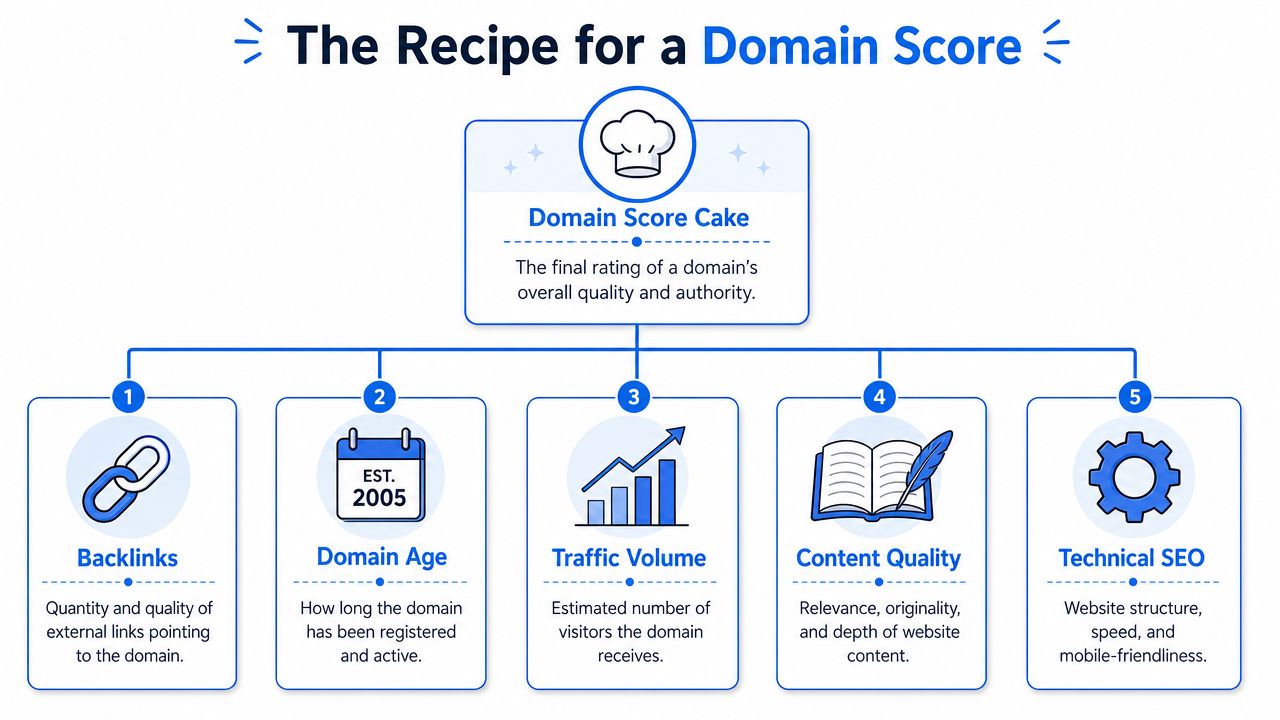 A diagram illustrating the five key factors that contribute to a website's overall domain score rating.