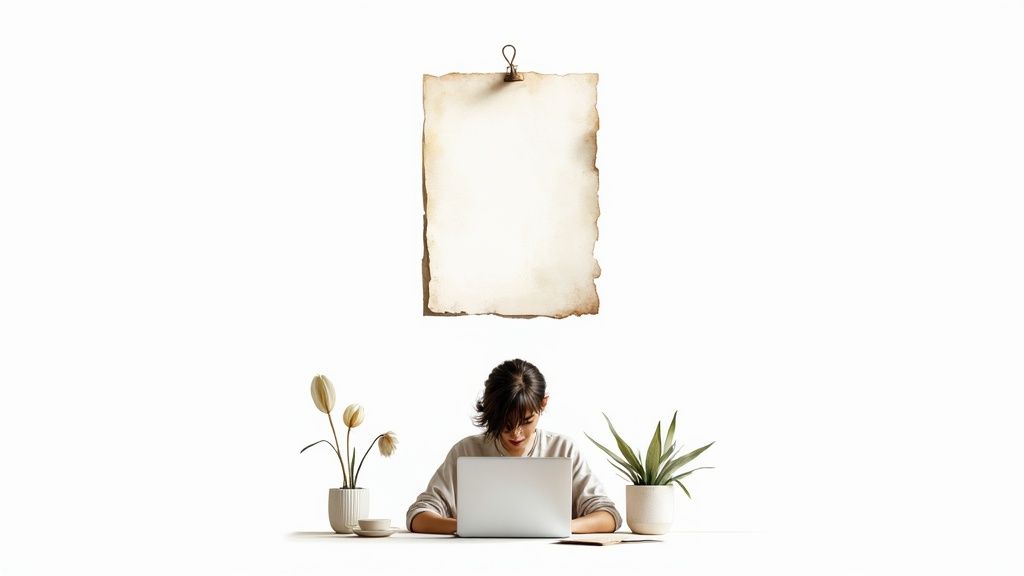 A person works on a laptop at a minimalist desk with plants and a blank hanging paper.