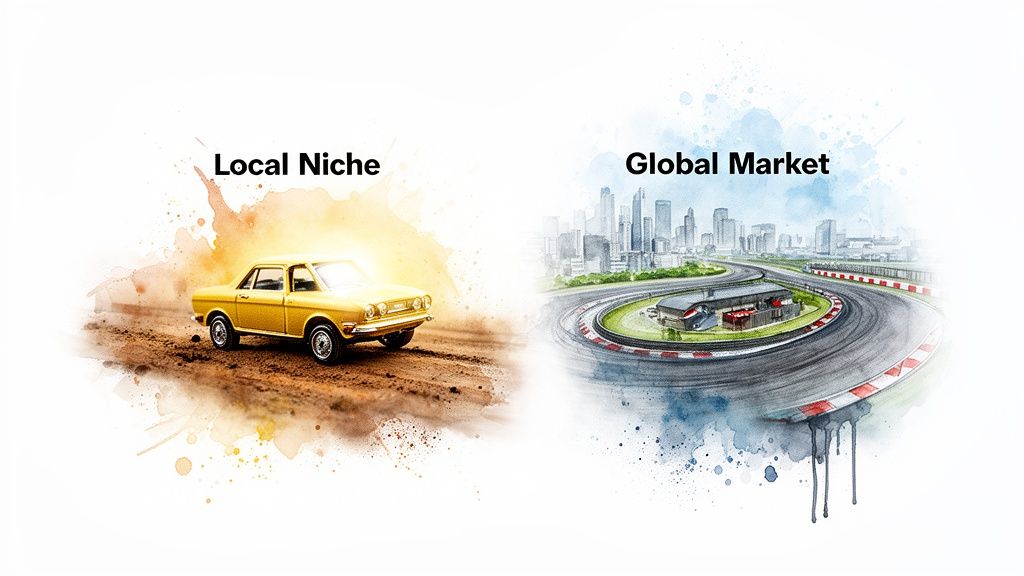 Watercolor illustration depicting 'Local Niche' with a vintage car on a dirt road and 'Global Market' with a cityscape and race track.