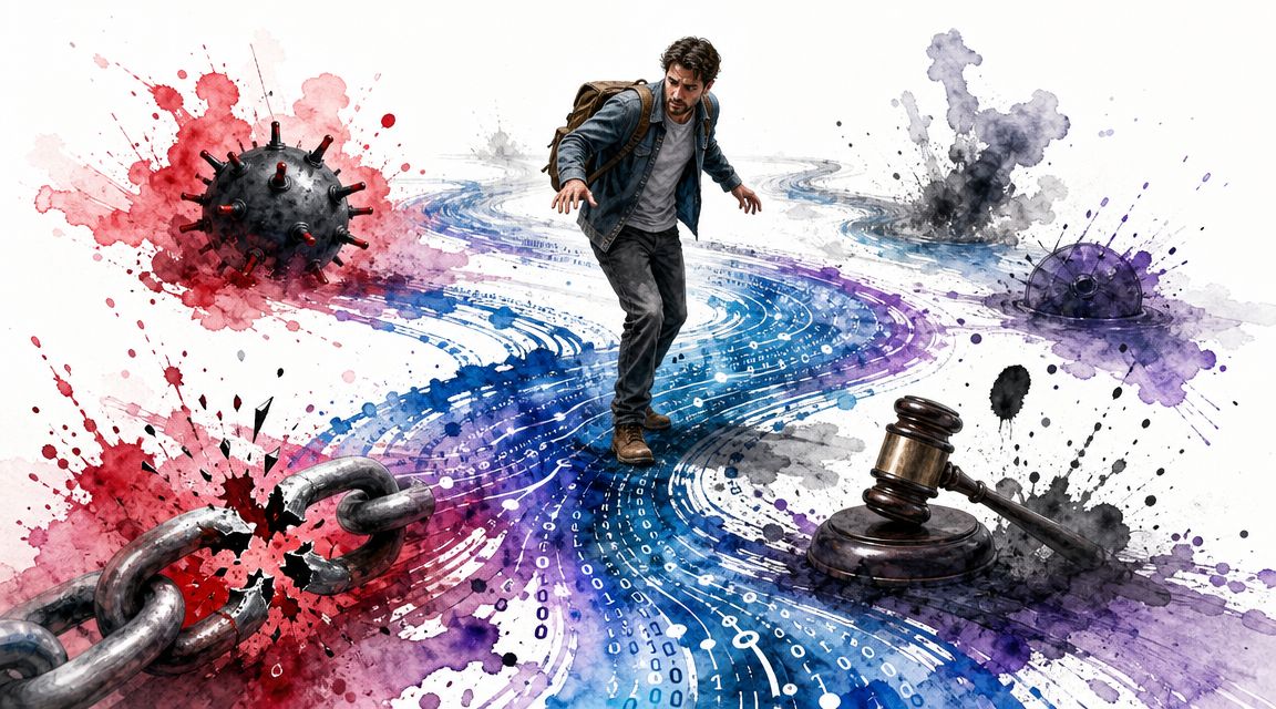 A man navigating a path between symbols of cyber threats, broken chains, and legal consequences.