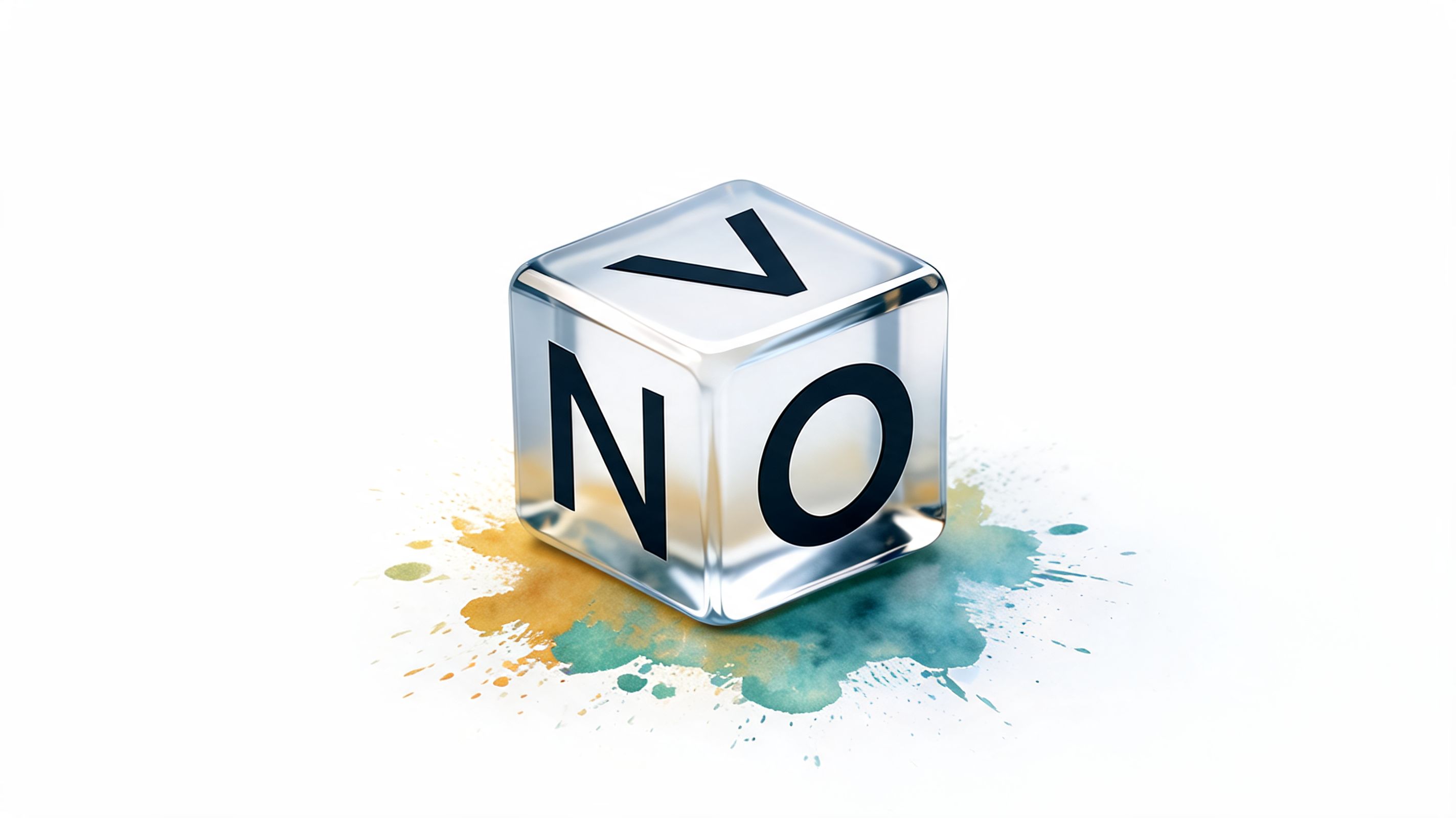 A transparent glass cube featuring the letters N, O, and V resting on colorful watercolor paint splatters.