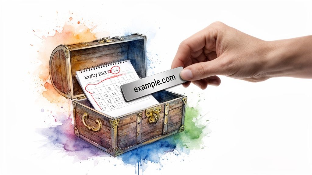 A hand places an 'example.com' domain tag into a treasure chest with an expiry calendar.