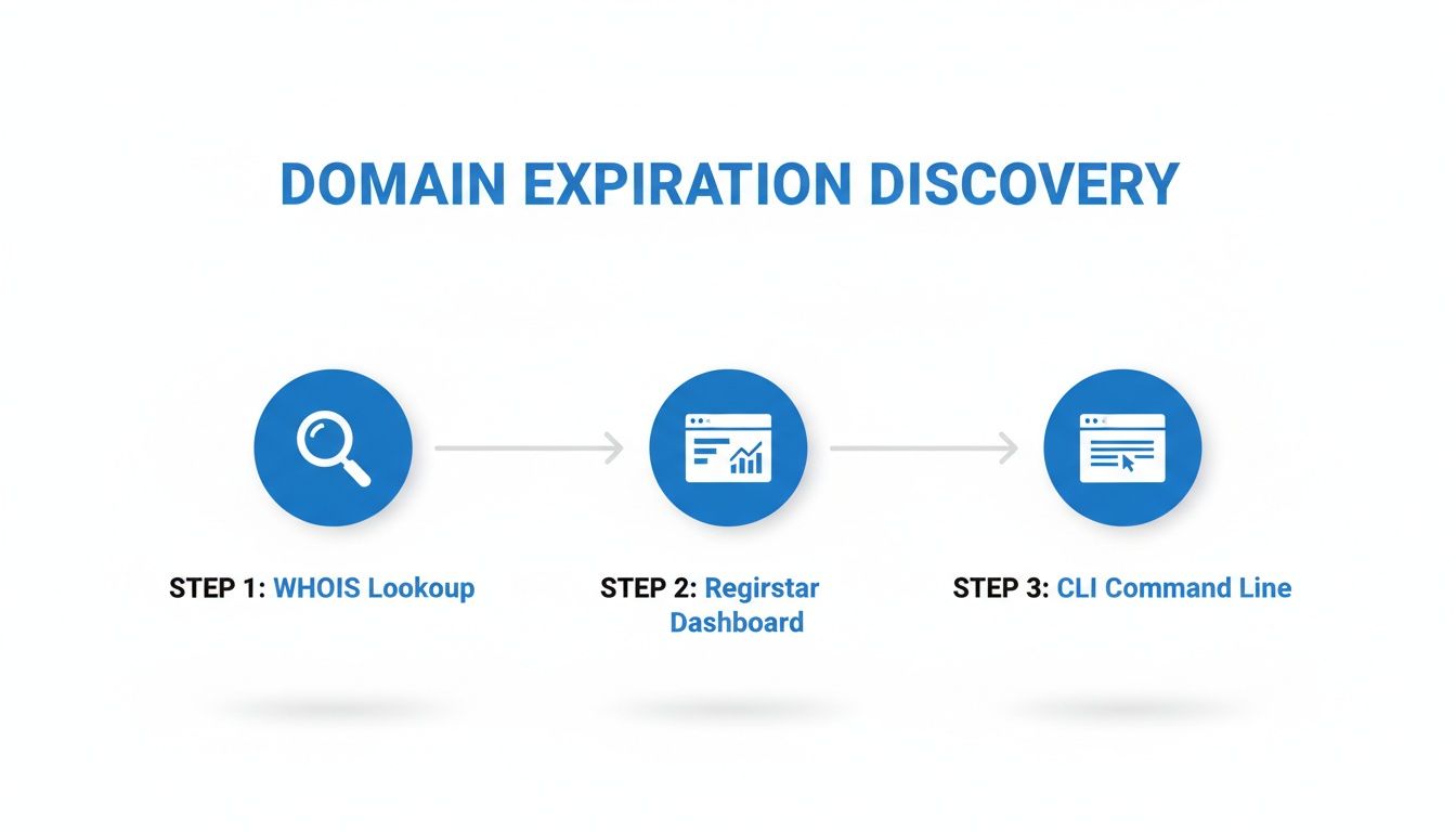 Flowchart showing three steps for domain expiration discovery: WHOIS lookup, registrar dashboard, and CLI command line.