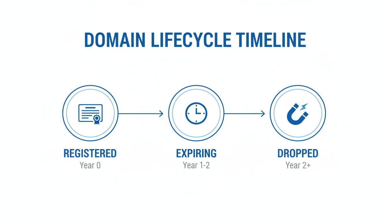 Timeline illustrating the domain lifecycle from registered to expiring and dropped states with corresponding years.