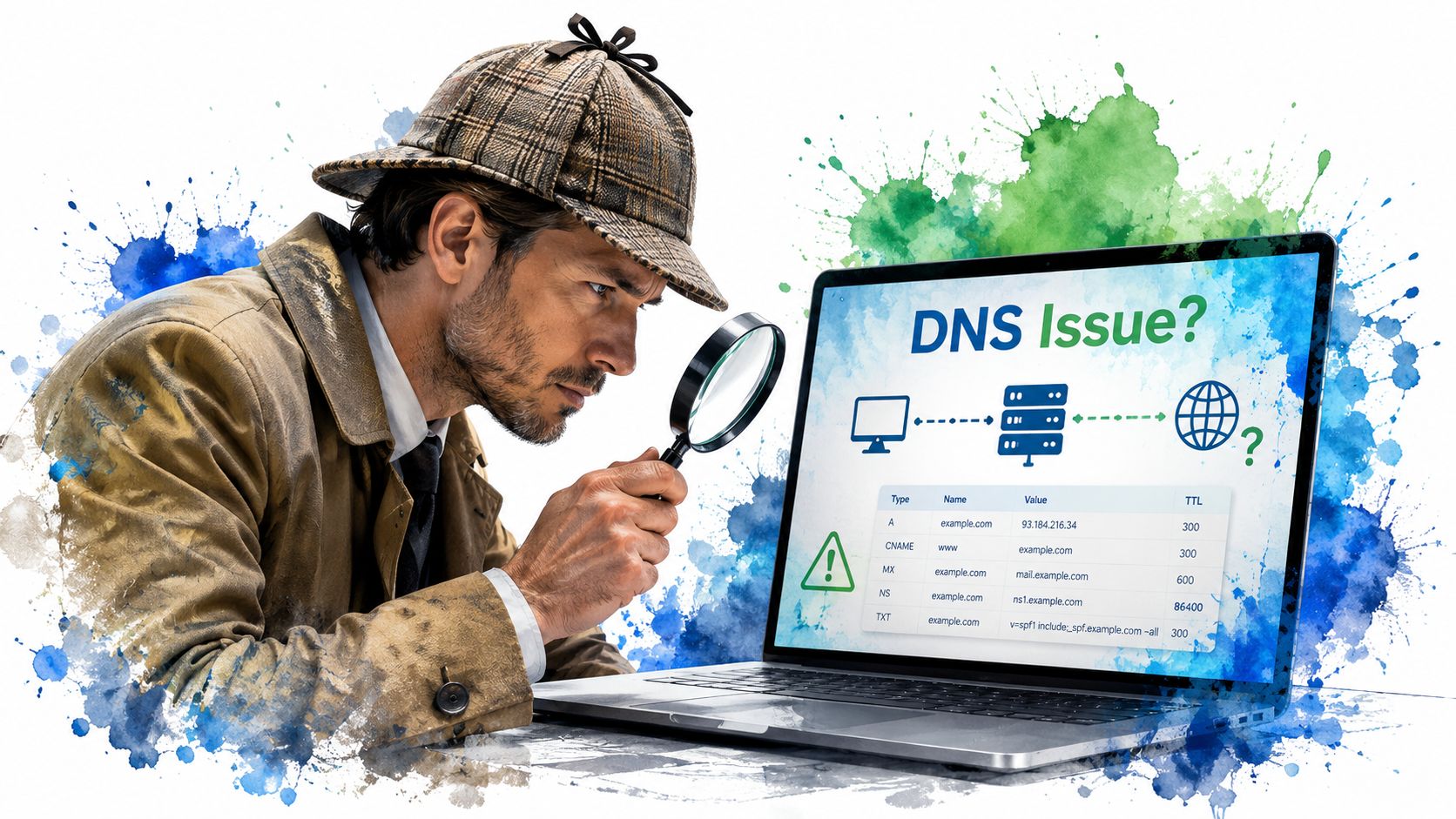 A Sherlock Holmes character examining a laptop screen displaying DNS records and troubleshooting icons with artistic paint splashes.