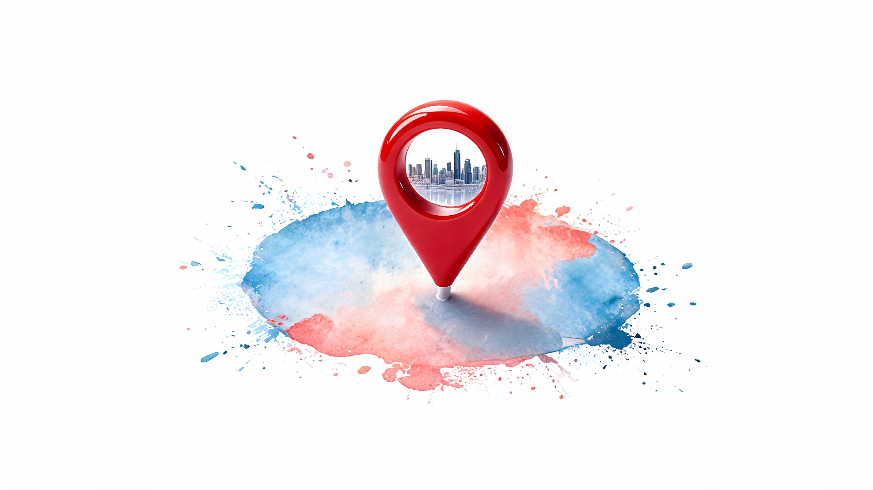 A glossy red location pin icon centered on a blue and red watercolor paint splash background.