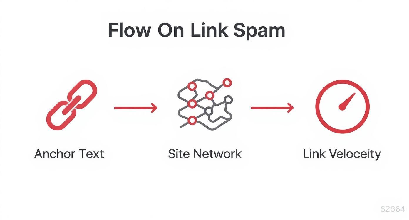 Flowchart illustrating how Anchor Text influences Site Network and Link Velocity in link spam detection.