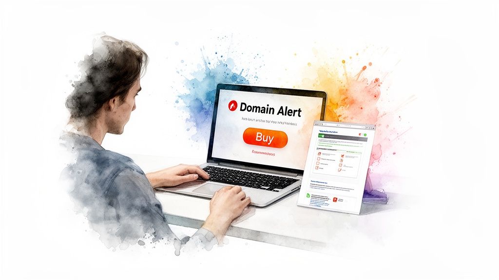 A person works on a laptop showing a 'Domain Alert' pop-up with a 'Buy' button, indicating domain monitoring.