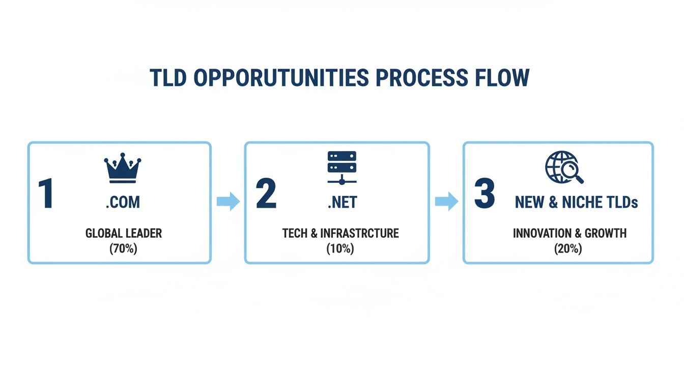 Flowchart illustrating TLD opportunities across .COM, .NET, and new niche TLDs with market share percentages.
